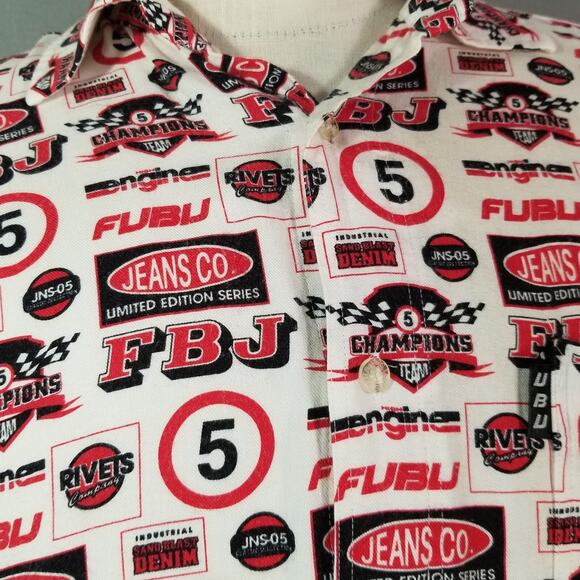 FUBU shirt men's large white button up short sleeve all over print Y2K Hip Hop - Picture 5 of 12